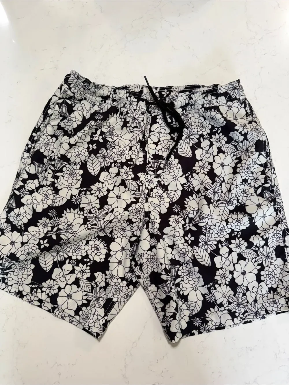 Men's Black & White Floral Swim Trunks